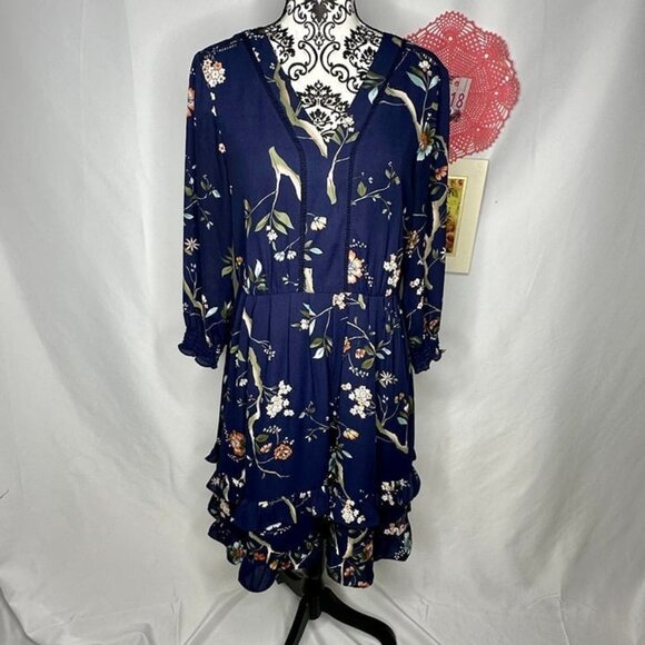 Nanette Lepore Navy Floral-Print Ruffled-Skirt Dress Size 10 - Picture 3 of 9